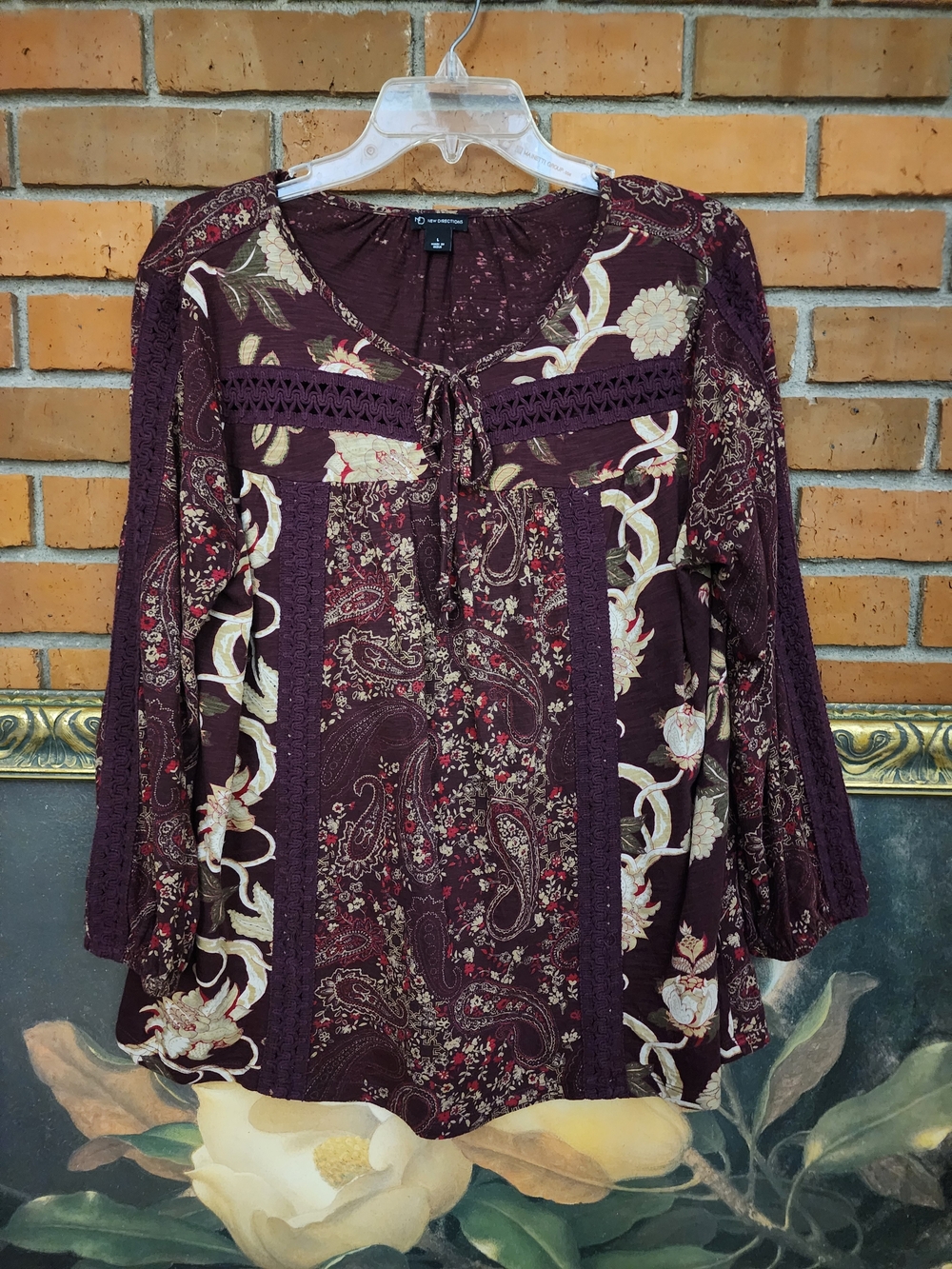 new directions Burgundy Floral Paisley Boho Top